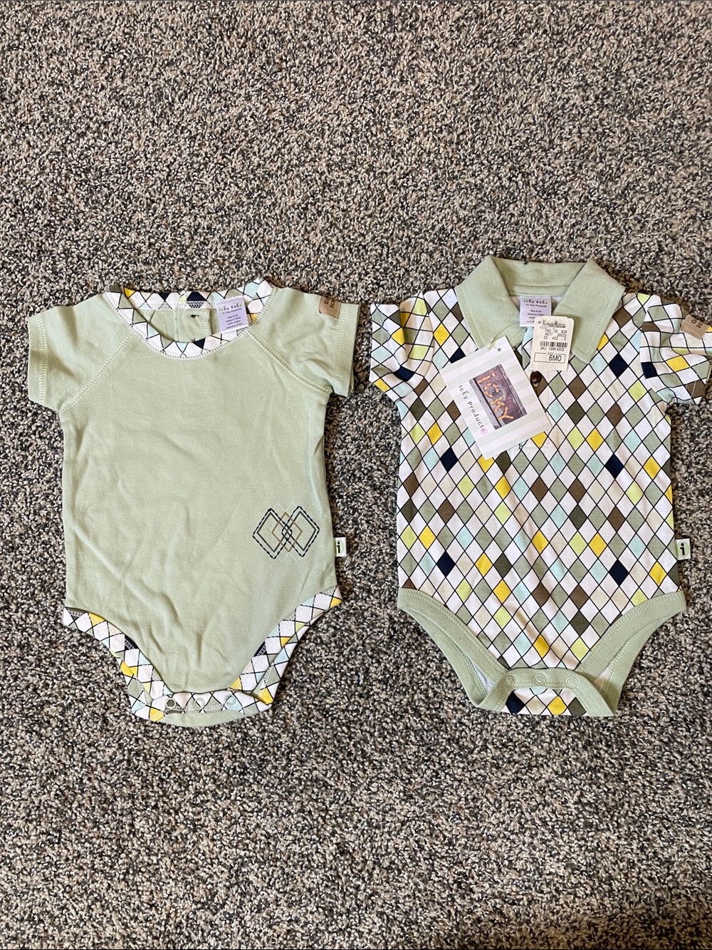 Sage Green Argyle-Trim Baby One-Piece Bodysuit Set Cotton Vintage Icky Baby 3-6m